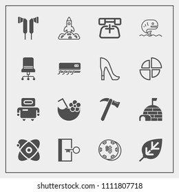 Modern, simple vector icon set with equipment, rocket, natural, exit, door, audio, hammer, casino, spanner, tree, ice, drink, science, igloo, sign, star, escape, gambling, leaf, risk, space icons