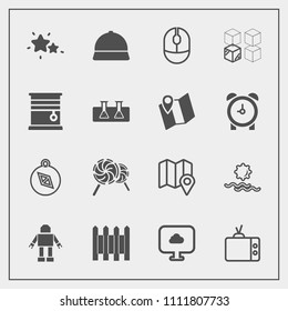 Modern, simple vector icon set with travel, hat, mouse, nature, compass, cardboard, television, computer, astronomy, protection, location, device, star, sunrise, candy, tv, lollipop, interior icons