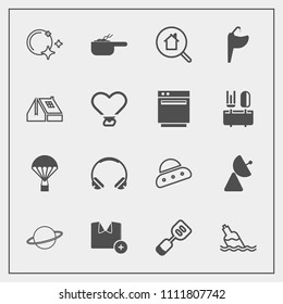 Modern, simple vector icon set with space, technology, bottle, meal, white, extreme, shirt, spaceship, fashion, ufo, sky, kitchen, modern, parachuting, parachute, food, estate, music, signal icons