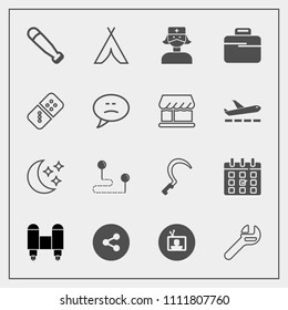 Modern, simple vector icon set with outdoor, wood, wrench, moon, point, tool, schedule, position, internet, repair, map, screen, spaceship, bat, day, sky, travel, health, gardening, garden, sign icons