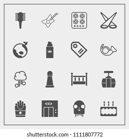 Modern, simple vector icon set with lift, monster, snack, white, office, transportation, chess, network, game, child, guitar, bed, musical, sweet, baby, music, food, car, potato, ufo, alien, pie icons