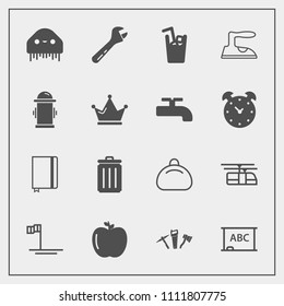 Modern, simple vector icon set with chalkboard, can, ocean, healthy, tool, blackboard, bag, style, recycling, page, transportation, space, wrench, hammer, trash, notebook, ufo, spanner, repair icons