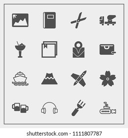 Modern, Simple Vector Icon Set With Flower, Yacht, Cut, Dinner, Photo, Frame, Alcohol, Audio, Sound, Blossom, Ocean, Boat, Craft, Restaurant, Fork, Knife, Drink, Gardening, Stereo, Undersea, Sea Icons