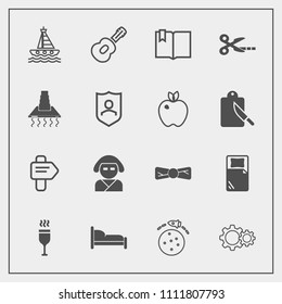 Modern, simple vector icon set with hood, tool, boat, book, glass, japan, bow, water, wine, travel, elegance, bed, arrow, furniture, music, alcohol, white, space, guitar, cut, yacht, ocean, way icons