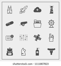 Modern, simple vector icon set with clothing, technology, horse, ocean, finance, sea, planet, sausage, wear, light, strategy, internet, equipment, game, hotdog, money, backpack, spray, station icons