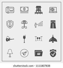 Modern, simple vector icon set with drink, shield, call, ice, security, stationary, document, email, bucket, light, sign, business, online, check, lamp, summer, bank, protect, money, musical icons
