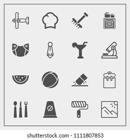 Modern, simple vector icon set with uniform, raking, phone, knife, food, roll, road, ball, aircraft, traffic, kitchen, photography, chef, gardening, rake, military, street, rubber, chief, erase icons
