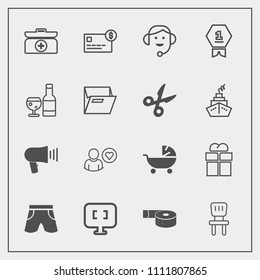 Modern, simple vector icon set with award, communication, pc, sticky, shorts, comfortable, box, kid, bank, kit, online, office, credit, package, present, stroller, card, business, profile, pram icons