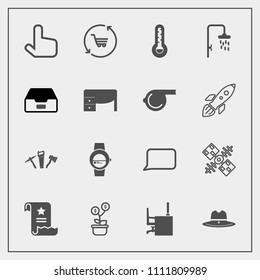 Modern, simple vector icon set with growth, whistle, trolley, west, gadget, file, bubble, temperature, sheriff, repair, office, thermometer, hat, retail, speech, watch, investment, satellite icons