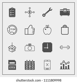 Modern, simple vector icon set with checklist, photography, spanner, cord, workout, calendar, tool, upload, hour, day, package, equipment, projector, connection, investment, fitness, check, mark icons
