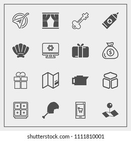 Modern, simple vector icon set with musical, drink, old, online, chicken, folk, meat, money, world, care, coffee, giftbox, travel, music, clean, map, cube, phone, curtain, key, bird, app, cafe icons