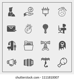 Modern, simple vector icon set with ufo, hook, money, waiter, alien, station, dollar, fast, loud, sport, sound, restaurant, music, rocket, office, accordion, snack, file, voice, communication icons
