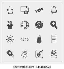 Modern, simple vector icon set with thermometer, unlock, powder, nautical, security, musical, certificate, button, wheel, office, eye, rudder, hand, health, bottle, click, award, temperature icons