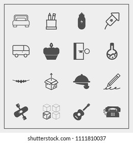 Modern, simple vector icon set with furniture, house, bedroom, education, river, guitar, white, music, stationery, food, jewelry, event, festival, kayak, musical, relocation, communication, new icons