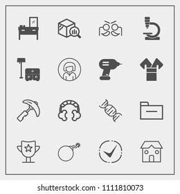 Modern, simple vector icon set with festival, business, equipment, falling, war, win, crane, home, interior, award, research, cabinet, technology, weapon, science, celebration, audio, check, dna icons