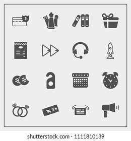 Modern, simple vector icon set with king, snack, ticket, alarm, travel, piece, coin, label, office, folder, gift, wedding, time, plane, hotel, privacy, notification, game, bank, cookie, business icons