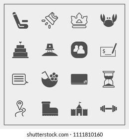 Modern, simple vector icon set with time, footwear, queen, road, tower, projector, education, blank, drink, competition, movie, cocktail, navigation, fitness, video, location, school, hourglass icons