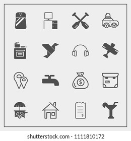 Modern, simple vector icon set with home, paper, pin, spice, bill, seasoning, business, work, pretty, oar, canoe, financial, salt, professional, map, suitcase, cream, food, drink, van, money icons