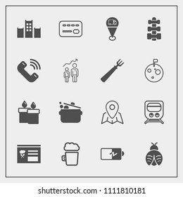 Modern, simple vector icon set with flame, pin, sign, call, vacation, butterfly, fitness, drink, alcohol, wax, travel, bank, money, phone, menu, railway, gym, electricity, kitchen, bug, cook icons