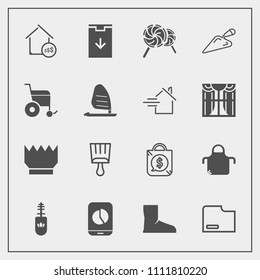 Modern, simple vector icon set with pinafore, real, sign, makeup, paper, sale, property, mobile, shovel, royal, sweet, mascara, fashion, house, food, equipment, black, kitchen, crown, apron, bag icons