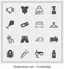 Modern, simple vector icon set with shorts, fun, template, truck, summer, mask, wear, bugle, leather, style, beauty, baby, clothing, joy, sound, perfume, clothes, fiction, kid, object, space icons