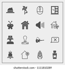 Modern, simple vector icon set with clothing, envelope, alert, apartment, white, floral, guitar, technology, medical, stationery, house, nurse, metal, headwear, closed, mouse, lantern, scan, hat icons
