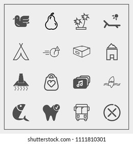 Modern, simple vector icon set with cooking, ocean, tree, transportation, wildlife, kitchen, sign, vacation, bus, white, dentist, health, cancel, surfer, fish, sky, hood, bird, summer, surfing icons