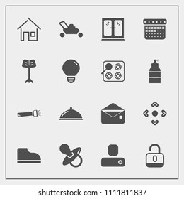 Modern, simple vector icon set with timetable, person, protection, pacifier, baby, envelope, home, garden, arrow, furniture, calendar, gardening, lock, architecture, mail, interior, time, social icons