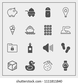 Modern, simple vector icon set with audio, watch, space, security, folder, file, safety, package, planet, footwear, template, bank, finance, rubber, toy, lock, bed, play, cash, duck, liquid, box icons