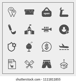 Modern, simple vector icon set with store, template, cake, water, shop, open, canoe, sweet, map, pie, wear, paddle, plane, unpacking, pin, box, security, tag, cardboard, fashion, dessert, shorts icons