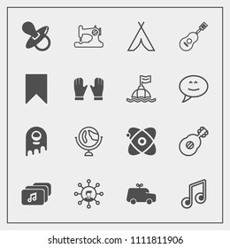 Modern, simple vector icon set with camp, universe, file, childhood, musical, planet, machine, communication, screen, kid, bookmark, globe, world, display, adventure, outdoor, technology, sewing icons