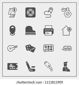 Modern, simple vector icon set with vehicle, price, casino, musical, pump, competitive, spaceship, lamp, route, interior, navigation, dice, space, transportation, rocket, chinese, discount, food icons