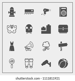 Modern, simple vector icon set with document, vintage, camera, fashion, find, game, magnifying, optical, hydrant, security, female, music, network, dryer, travel, passport, cloud, ball, view icons