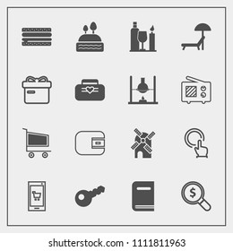 Modern, simple vector icon set with find, click, library, trolley, search, snack, sweet, alcohol, touch, finger, phone, cheeseburger, cake, mill, purse, market, concept, internet, online, wind icons