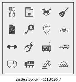 Modern, simple vector icon set with drill, gym, kitchen, musical, shopping, truck, dinner, supermarket, transport, guitar, sunrise, road, technology, lawyer, horse, morning, list, equipment, car icons