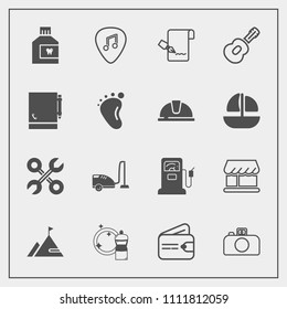 Modern, simple vector icon set with pump, tool, domestic, repair, cash, notebook, music, finance, shop, hygiene, money, vacuum, list, wallet, broom, gasoline, industrial, camera, service, pen icons