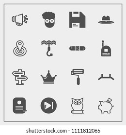 Modern, simple vector icon set with video, graphic, fashion, pull, money, up, roller, voice, play, style, door, loudspeaker, coin, speaker, dont, computer, bird, animal, doorknob, bank, queen icons