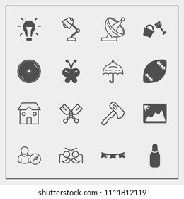 Modern, simple vector icon set with dish, boat, account, flag, party, ball, bulb, background, hammer, dvd, oar, frame, shovel, electricity, bucket, sport, lamp, building, water, business, energy icons