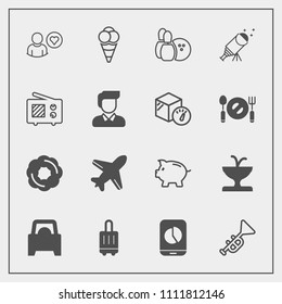 Modern, simple vector icon set with art, business, online, aircraft, astronomy, plane, architecture, money, trumpet, vehicle, baggage, food, dessert, cake, ball, jazz, finance, cream, flight icons