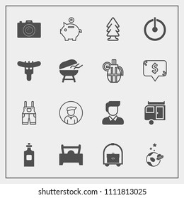 Modern, simple vector icon set with journey, beverage, bank, investment, camera, landscape, car, photography, glass, photographer, switch, male, exploration, astronaut, science, finance, trailer icons