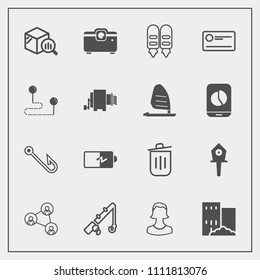 Modern, simple vector icon set with reel, estate, trend, money, spring, energy, hook, nest, statistic, garbage, bird, technology, sport, business, power, fish, report, projector, display, map,  icons