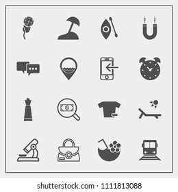Modern, simple vector icon set with sunny, sound, object, microscope, vacation, style, glass, research, transportation, web, travel, summer, drink, chess, music, karaoke, shirt, island, science icons