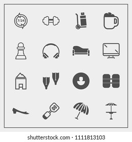 Modern, simple vector icon set with spatula, bar, umbrella, avatar, house, kitchen, parasol, workout, pub, protection, support, truck, oxygen, operator, flipper, utensil, gym, tank, business icons