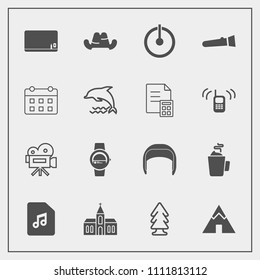 Modern, simple vector icon set with retro, hot, worker, adventure, cup, church, music, architecture, school, belt, environment, video, travel, equipment, hat, tent, camp, religious, movie, chalk icons