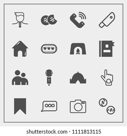 Modern, simple vector icon set with button, finger, competition, karaoke, cut, outdoor, camp, winner, person, dessert, phone, gesture, sign, technology, message, finance, success, camera, man icons