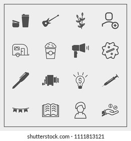 Modern, simple vector icon set with food, harvest, wheat, equipment, pen, book, delete, agriculture, literature, celebration, concept, cup, background, office, finance, page, happy, profile icons