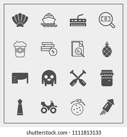 Modern, simple vector icon set with glass, ocean, jam, quad, strategy, yacht, monster, work, fiction, desk, jar, extreme, music, chess, ufo, business, king, technology, alien, table, seashell icons