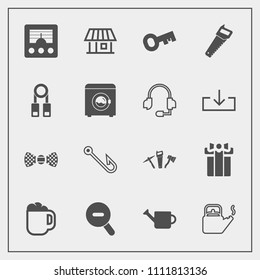 Modern, simple vector icon set with steam, celebration, mug, cup, repair, rod, antenna, kitchen, key, communication, box, web, construction, kettle, elegance, radio, building, drink, signal, can icons