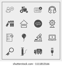 Modern, simple vector icon set with microscope, red, technology, cargo, music, laptop, money, agriculture, research, finance, key, agricultural, pump, door, computer, notebook, wine, decoration icons