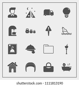 Modern, simple vector icon set with sport, male, man, real, adventure, restaurant, travel, camp, baby, drink, alcohol, service, office, equipment, wine, file, helmet, tent, light, building, menu icons